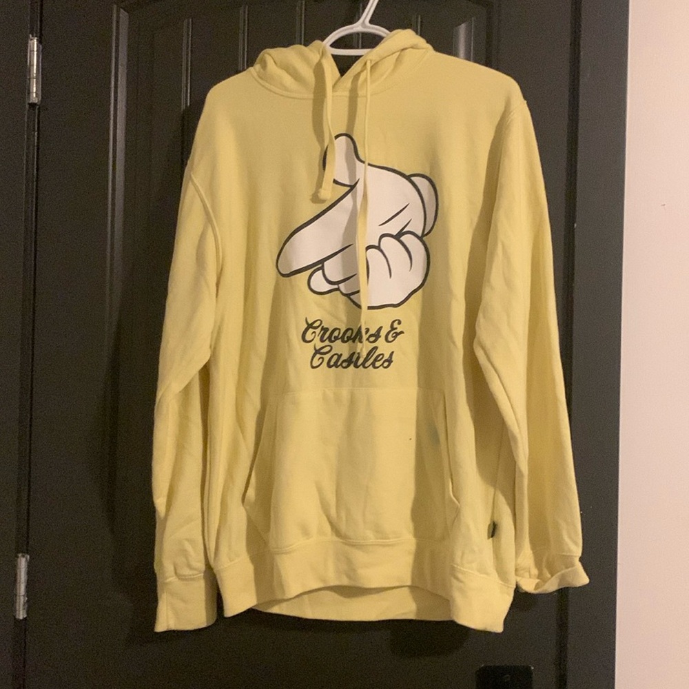Crooks & Castles pastel yellow graphic hoodie with strings and front pocket